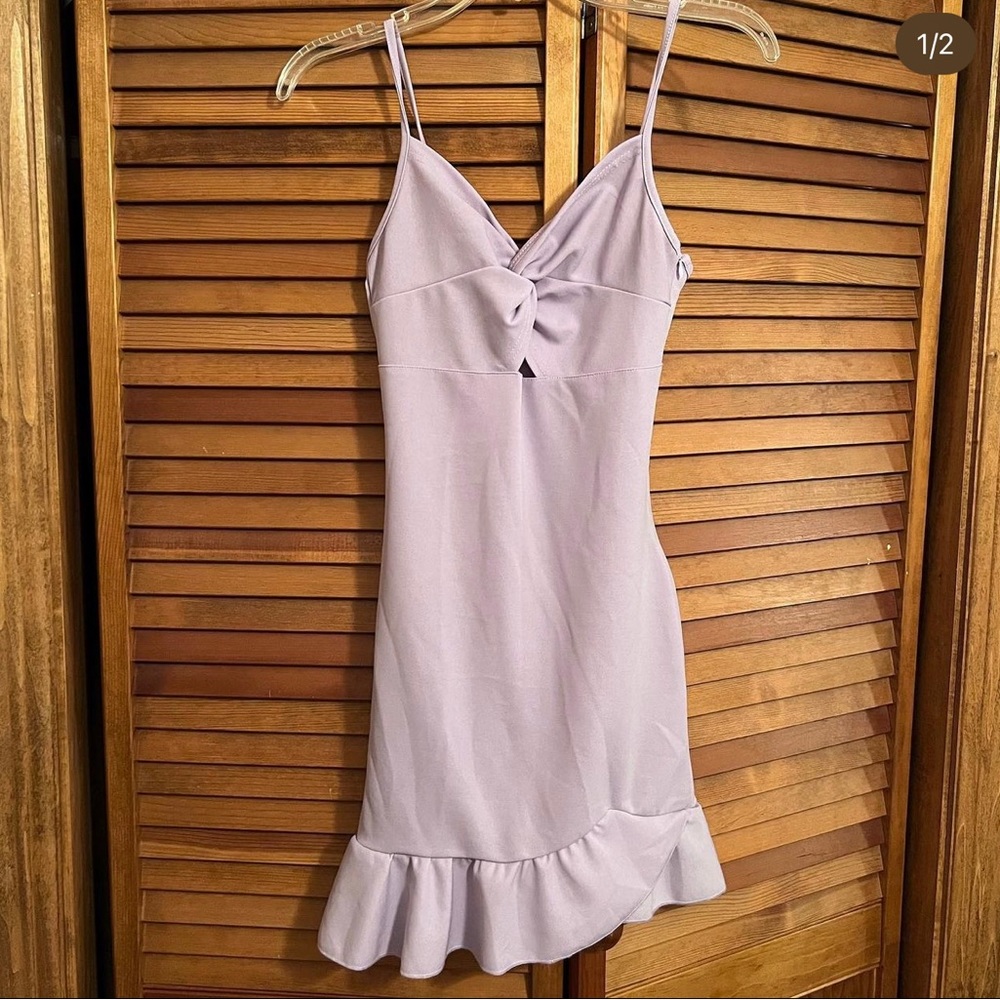 Purple Dress; spaghetti straps.